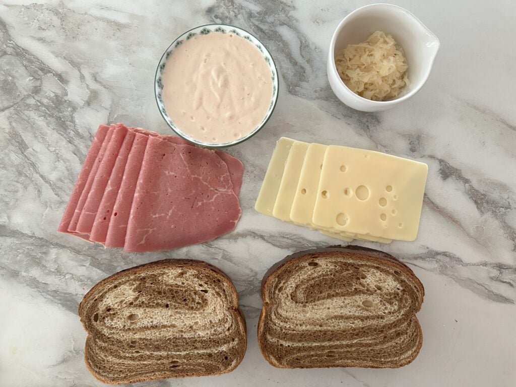 Ingredients for a Reuben sandwich.