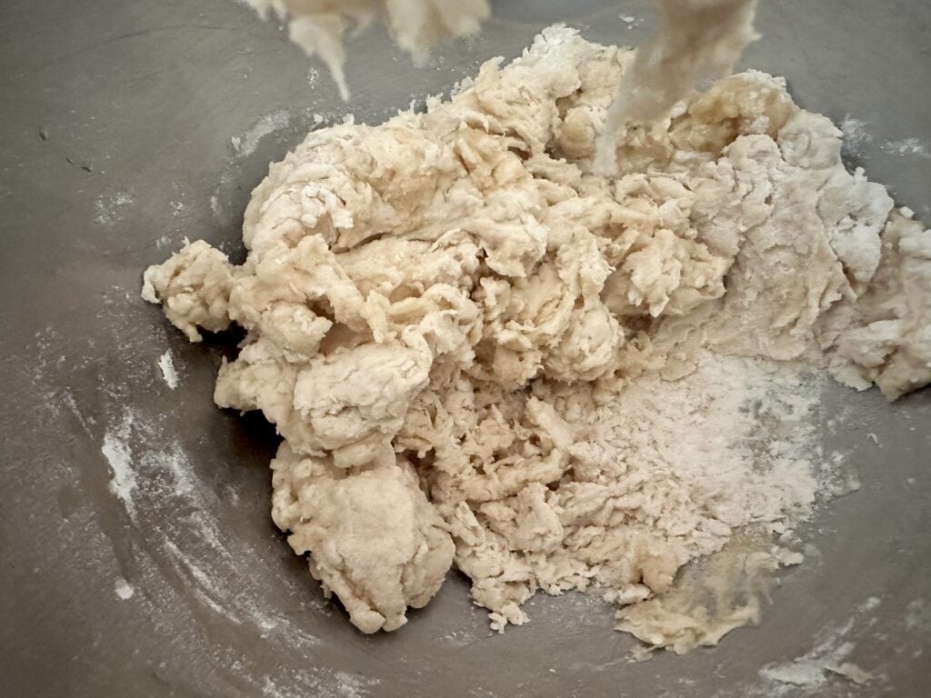 Cuban bread dough in the crumbly stage.