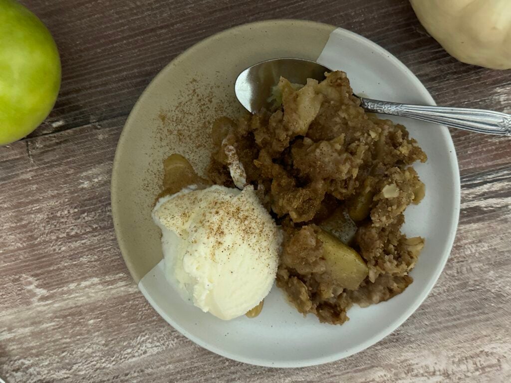 Apple crisp and vanilla ice cream.