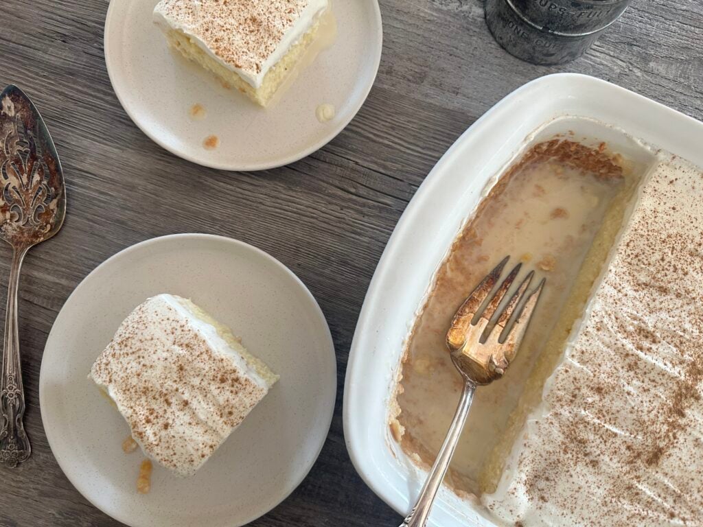 Slices of tres leches cake.
