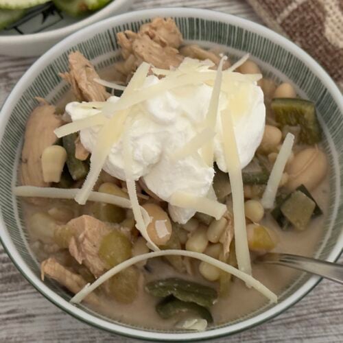 Bowl of white chicken chili.