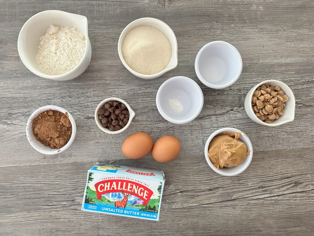 Ingredients for chocolate peanut butter brownies.
