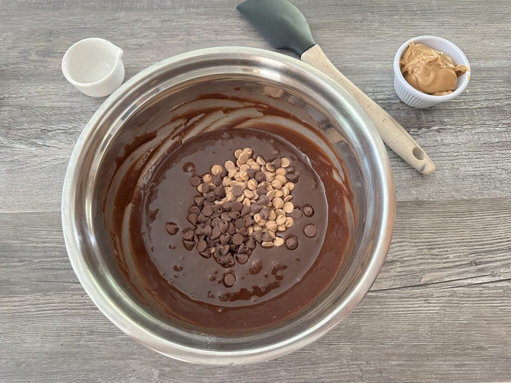 Chocolate chips and peanut butter chips added to the batter.
