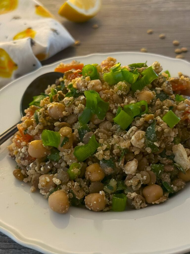 Plate of lentil quinoa salad.
