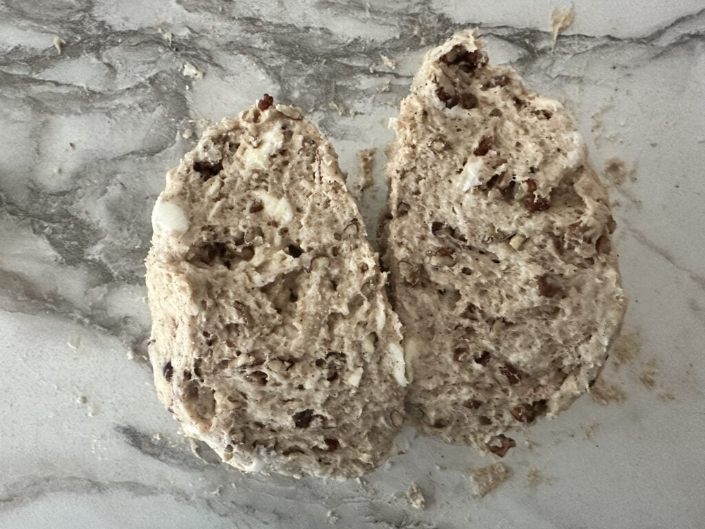 Dough ball cut in half.
