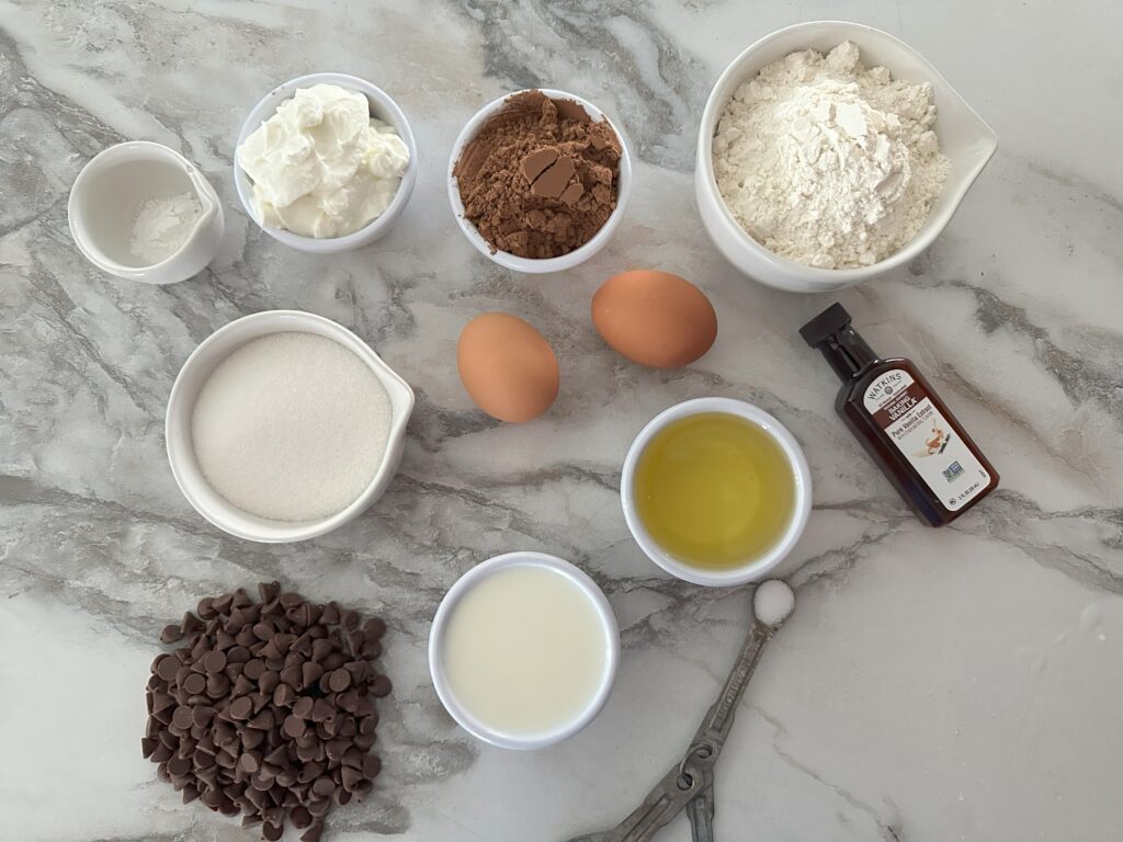 Ingredients for chocolate mini Bundt cakes.